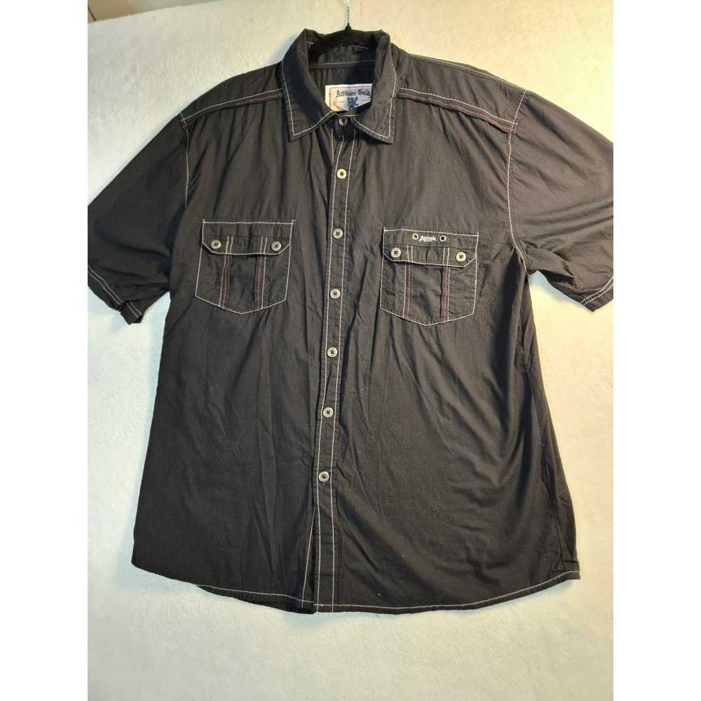 Attitude Gold Mens XL Black Contrast Stitch Short Sleeve Button Down Shirt